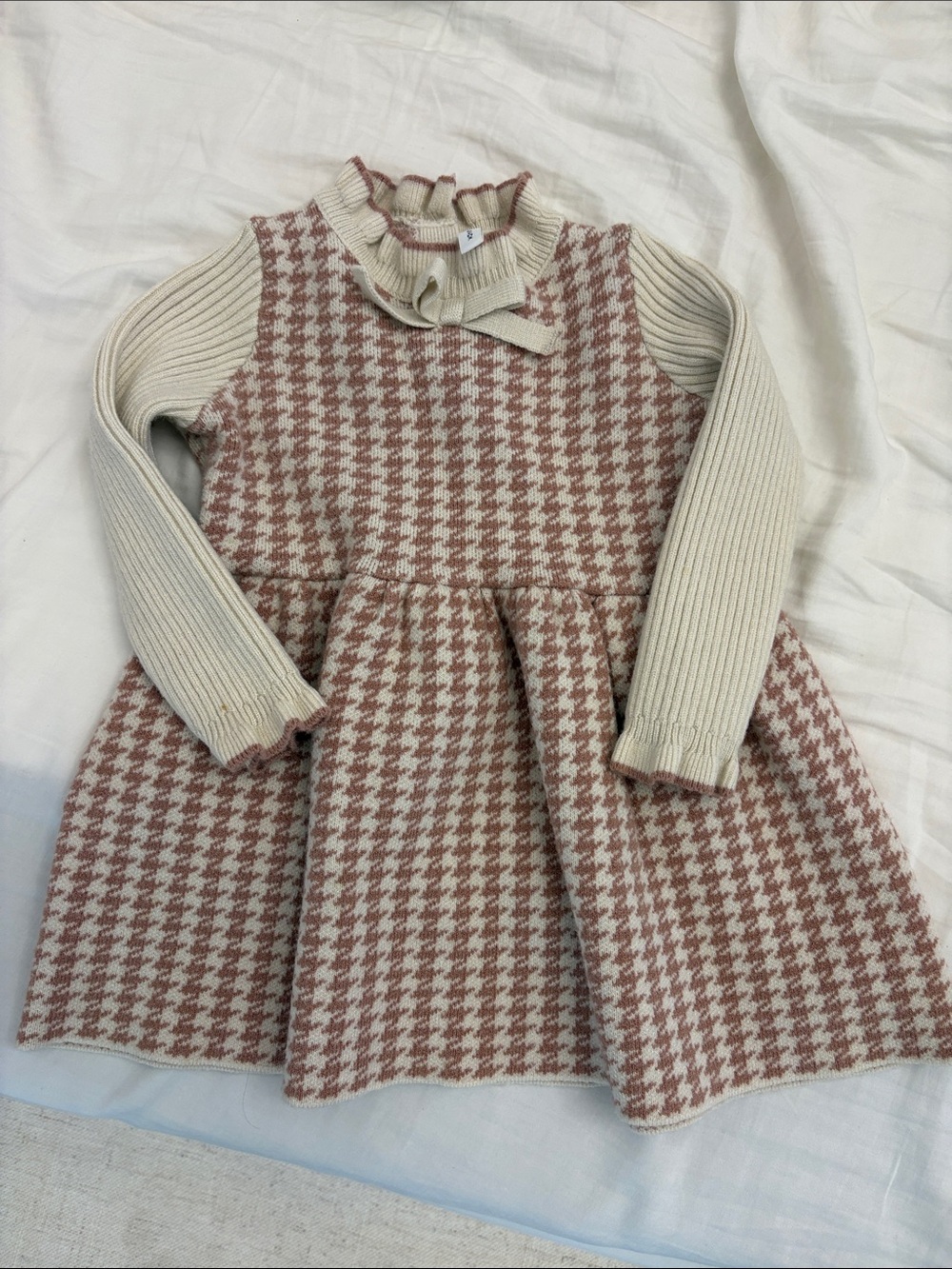 Janie and Jack Cream & Tan Houndstooth Knit Dress with Ribbed Sleeves